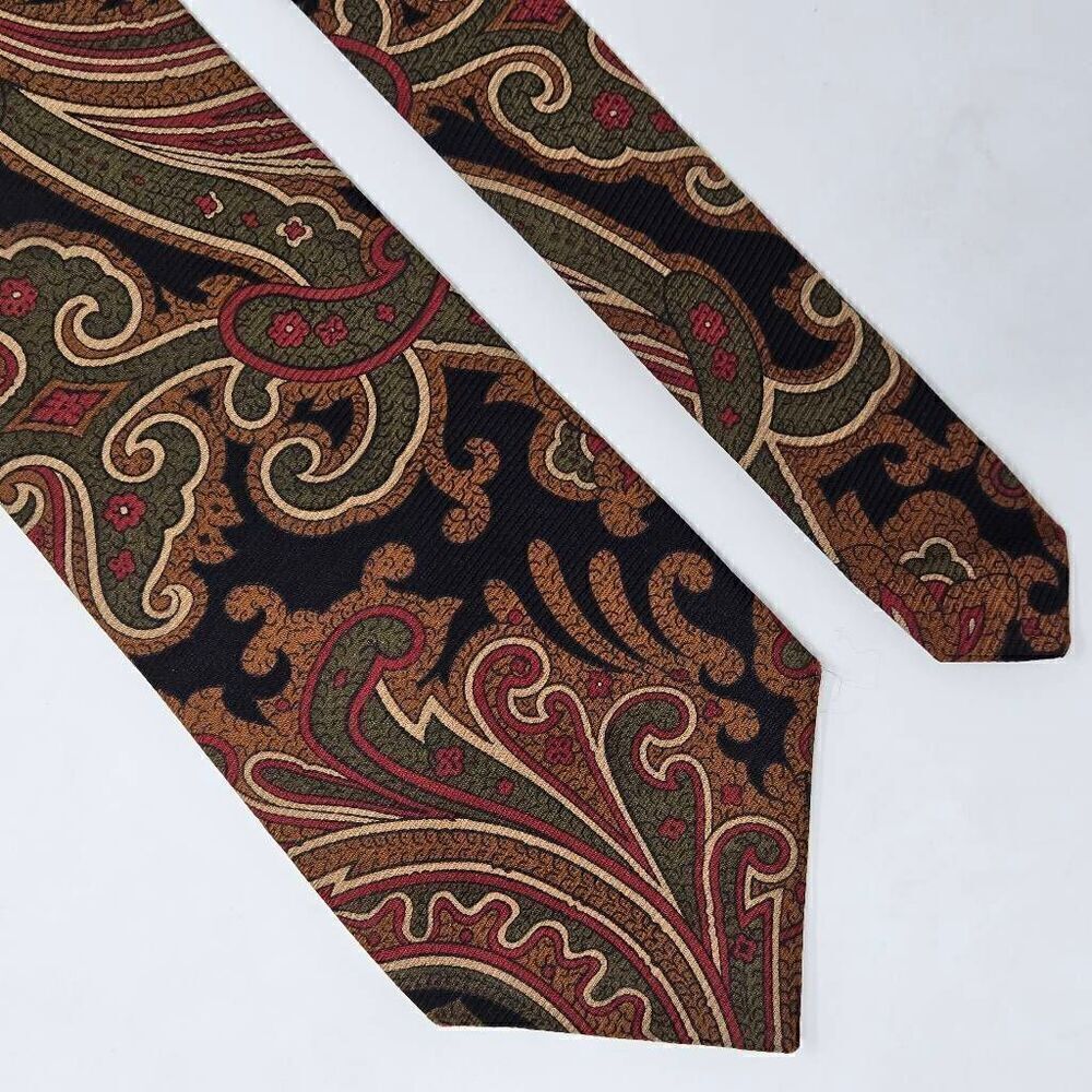 BROOKS BROTHERS VINTAGE SILK TIE BROWN BLACK GREEN PAISLEY 3.5" X 58"